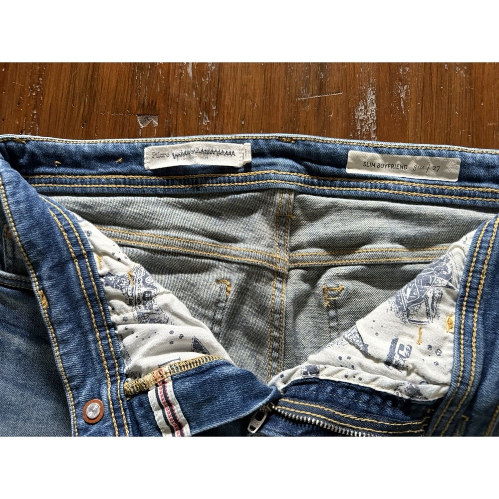 Anthropologie Pilcro Slim Boyfriend Jeans 27 Tapestry Patch Boho Stretch Denim - Picture 6 of 11